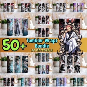 May include: A collection of over 50 tumbler wraps, each 20 oz and measuring 9.3 x 8.2 inches. The designs feature anime-style characters and graphics in various colors. The image includes the text "Tumbler Wraps Bundle".
