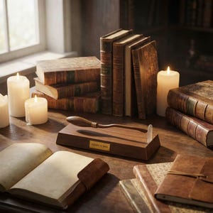 May include: A wooden display stand with a golden label reading "Nimbus 2000" holds a miniature broom. The scene includes several antique books, lit candles, and a leather-bound journal, creating a vintage aesthetic.