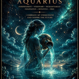Könnte beinhalten: Künstlerische Illustration des Sternzeichens Wassermann. Eine Frau gießt Wasser aus einem goldenen Gefäß in ein Gewässer, mit einem himmlischen Hintergrund. Das Bild enthält den Text "AQUARIUS" und zugehörige Eigenschaften.