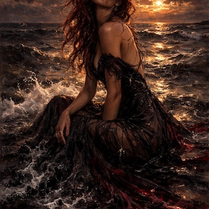 Könnte beinhalten: Eine Frau mit langen, roten Haaren sitzt im Meer bei Sonnenuntergang. Sie trägt ein dunkles, fließendes Kleid, das mit dem Wasser verschmilzt. Der Himmel ist voller dramatischer Wolken und die Wellen reflektieren das goldene Licht.