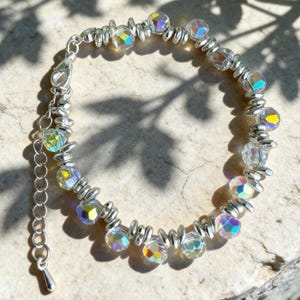 Iridescent Crystal Beaded Silver Bracelet