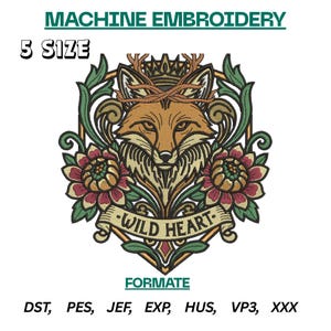 Wild Heart Fox Embroidery Design: Multicolor, Single Color (Digital File)