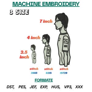 May include: Machine embroidery design featuring three sizes of a person wearing headphones and a jersey with the number 26. Sizes are 2.5 inches, 4 inches, and 7 inches. Includes stitch counts and embroidery formats.