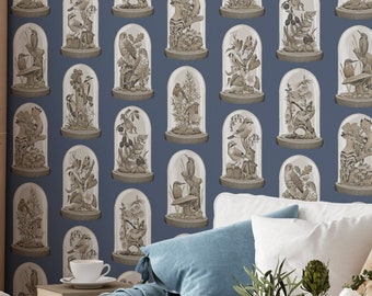 Birds & Botanicals in Cloches - Removable Botanical Wallpaper - Cottage Blue