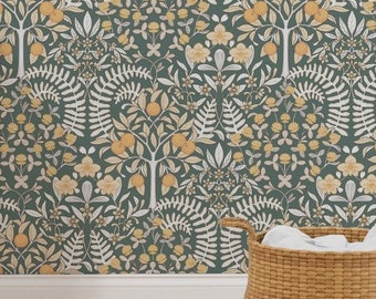 Language of Flowers - LUCK - Removable Botanical Wallpaper - Blue and Gold