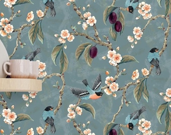 Plum Blossom Finches - Removable Botanical Wallpaper - On Slate-Sky Blue