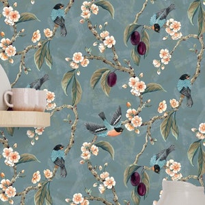 Plum Blossom Finches - Removable Botanical Wallpaper - On Slate-Sky Blue