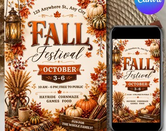 Sjabloon voor een flyer voor een herfstfestival, uitnodiging voor een herfstfestival, poster voor een oogstfeest, festivalflyer, uitnodiging voor een pompoenveld, uitnodiging voor de herfst