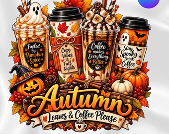 Herfstspook PNG, Herfstbladeren Koffie Graag PNG, Halloween Koffiebeker Ontwerp, Gezellig Herfstshirt PNG, DIY Canva Tekst, Digitale Download