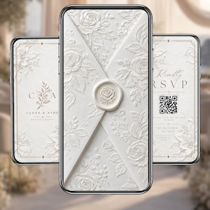 May include: Three smartphones displaying digital wedding stationery designs. The centre screen shows a white envelope with embossed floral patterns and a rose wax seal. The side screens feature elegant typography, floral graphics, and a QR code.