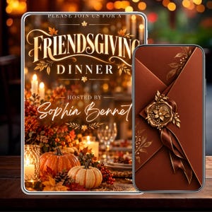 Puede incluir: Una invitación digital para una cena de Friendsgiving organizada por Sophia Bennet, con texto, calabazas de otoño y velas, junto a un smartphone que muestra un sobre marrón con un sello de cera dorado y adornos florales.