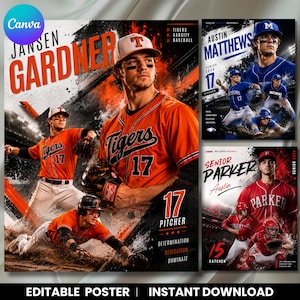 Può includere: Poster di baseball con un giocatore in maglia arancione con la scritta "Tigers 17". Il poster include il testo "Jansen Gardner" e "Pitcher". Poster aggiuntivi presentano altri giocatori in maglie blu e rosse.