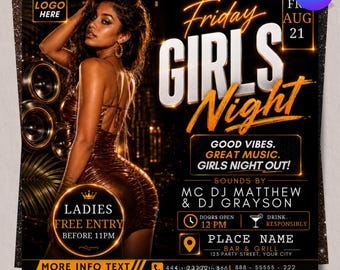 Flyer voor een meidenavondje uit, flyer voor een vrijdagavondfeest, sjabloon voor een damesavond, flyer voor een clubfeest, bewerkbaar Canva-sjabloon, direct te downloaden