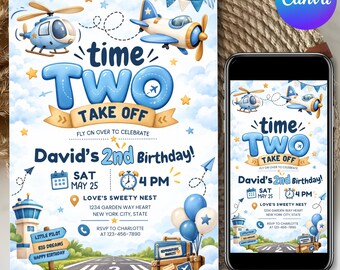 Bewerkbare uitnodiging voor een vliegtuigverjaardag, moderne vliegtuiguitnodiging, Time TWO fly, | Time TWO Take Off Boy 2e verjaardag, luchtvaartthemafeest
