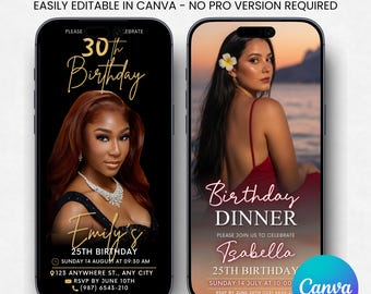 Animated Black Tie Birthday Dinner Invitation, Black Silver Diamond Evite, Digital download  Canva Editable