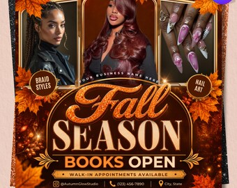 Flyer met nagelspecial voor de herfst, flyer voor nagelverkoop in september, flyer voor het boeken van een nagelstyliste, bewerkbare Canva-sjabloon, direct te downloaden