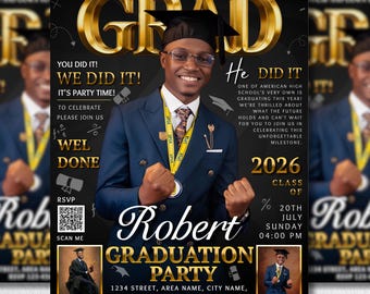 Flyer afstudeerfeest Class of 2026, zwartgouden canvassjabloon (digitale download)