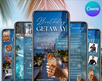 Digitale uitnodiging voor een verjaardagsvakantie, uitnodiging voor een strandvakantie, geanimeerd reisschema voor een vakantie (Evite Canva-sjabloon)
