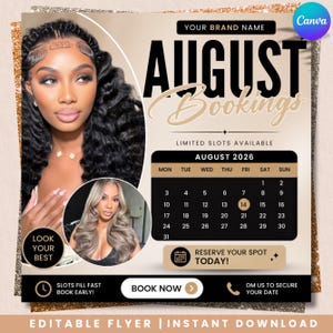 Puede incluir: Una plantilla de folleto digital para reservas de agosto de 2026 con un calendario y el texto YOUR BRAND NAME, AUGUST BOOKINGS, LIMITED SLOTS AVAILABLE, LOOK YOUR BEST, RESERVE YOUR SPOT TODAY, BOOK NOW y SLOTS FILL FAST BOOK EARLY.