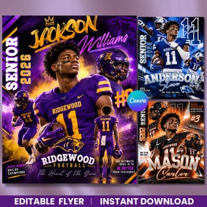Op de afbeelding: Een digitale flyer-sjabloon voor Ridgewood football senior atleten met paarse en gouden uniformen, actiefoto's, de tekst Jackson Williams, Anderson Steve, Mason Carter, Senior 2026 en de zin The Heart of the Game.