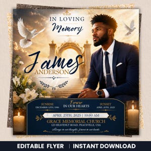 May include: A memorial flyer with a portrait of a man in a navy suit, the text "In Loving Memory," and the name "James Anderson." The design includes doves, flowers, and candles, with dates and a church address.