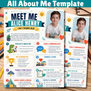 Pode incluir: Um modelo All About Me com a foto de uma criança, intitulado Meet Me Alice Henry, I'm 7 Years Old. O documento inclui seções sobre fatos divertidos, preferências de comunicação, pontos fortes, interesses, desafios e necessidades de apoio.