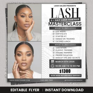 Puede incluir: Un folleto promocional para un seminario de pestañas, con dos mujeres y texto. El folleto incluye detalles sobre el seminario, como la fecha, la hora y lo que está incluido, como un modelo en vivo y capacitación práctica. El folleto también tiene el texto "EDITABLE FLYER | INSTANT DOWNLOAD".