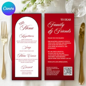 Könnte beinhalten: Ein rotes und weißes Hochzeitsmenü und Dankeskarten-Set. Die Speisekarte listet Vorspeisen, Suppe, Hauptgericht und Dessertoptionen auf. Die Dankeskarte enthält eine Nachricht an Familie und Freunde und einen QR-Code.