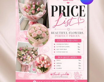 Bewerkbare prijslijstsjabloon voor bloemisten, prijsmenu voor bloemisten, prijsgids voor boeketten, bewerkbare Canva-flyer, Instagram, digitale download