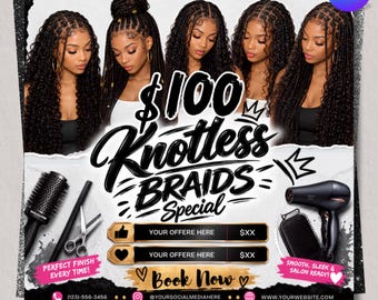 Flyer sjabloon voor vlechten zonder knopen, bewerkbare prijslijst voor vlechten, flyer met speciale aanbiedingen voor kapsalons, Canva beauty sjabloon