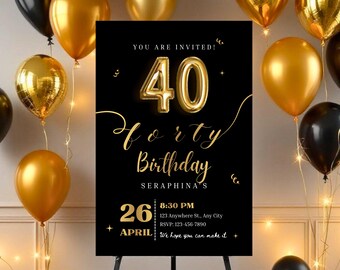 40e verjaardagsuitnodiging, zwartgouden canvassjabloon, feestkaart voor volwassenen (digitale download)