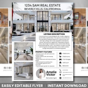 Op de afbeelding: Vastgoedflyer voor een luxe huis in Beverly Hills, Californië. De flyer toont een modern huis met grote ramen, een zwembad en een aangelegde tuin. Tekst bevat vastgoedkenmerken, contactgegevens en de naam van de makelaar.