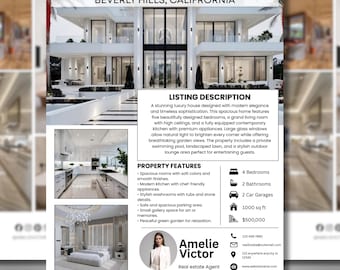 Folleto de propiedades inmobiliarias modernas, folleto de propiedades de lujo, plantilla editable de 4 páginas para Canva, folleto de marketing inmobiliario.