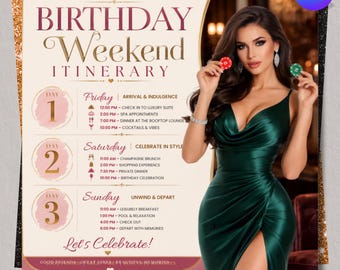 Birthday Weekend Itinerary Canva Template, Luxury 3 Day Celebration Invite | DIY Editable, DIY Canva Text, (Digital Download)