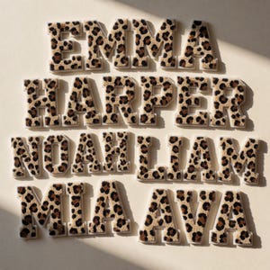 Pode incluir: Uma coleção de letras individuais para passar a ferro com um padrão de leopardo castanho e preto e uma borda branca. As letras estão dispostas para soletrar os nomes EMMA, HARPER, NOAH, LIAM, MIA e AVA numa fonte de estilo universitário.