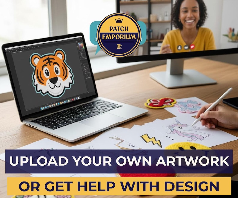 May include: A laptop screen shows a cartoon tiger patch design. The image includes the text "UPLOAD YOUR OWN ARTWORK OR GET HELP WITH DESIGN" and a logo that says "PATCH EMPORIUM". A person is drawing on paper with a stylus.