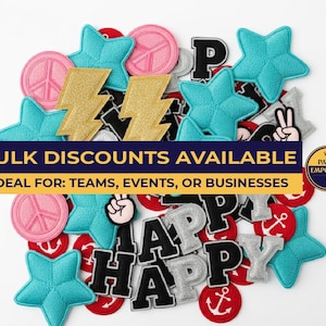 May include: A selection of embroidered patches in various shapes and colours. Includes teal stars, pink peace signs, gold lightning bolts, and letters spelling "HAPPY". Ideal for adding to clothing or accessories.