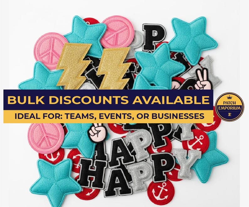 May include: A selection of embroidered patches in various shapes and colours. Includes teal stars, pink peace signs, gold lightning bolts, and letters spelling "HAPPY". Ideal for adding to clothing or accessories.