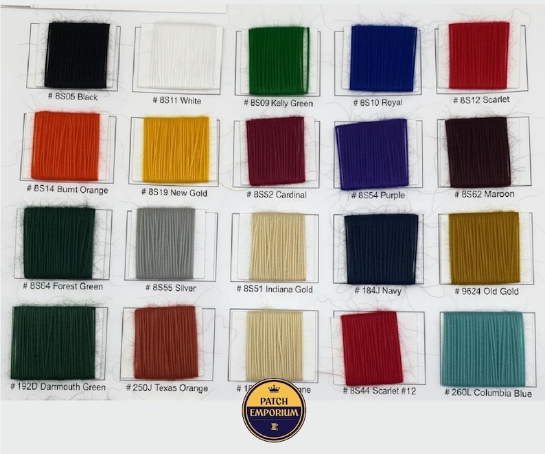 May include: A colour chart showcasing a range of thread colours, including black, white, green, and red. Each colour is labelled with a number and name, like "#8S05 Black" and "#8S11 White". The chart also features a "Patch Emporium" logo.