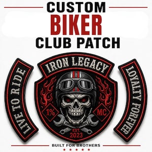 May include: A custom biker club patch set featuring a central shield with a skull wearing goggles, red flames, crossed wrenches, and the text IRON LEGACY, 1%, MC, and EST. 2023. Two curved side patches display the text LIVE TO RIDE and LOYALTY FOREVER.