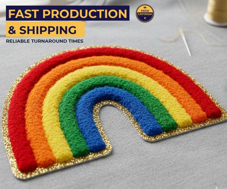 May include: A rainbow-shaped patch featuring vibrant red, orange, yellow, green, and blue arches. The patch has a gold glitter border. The text "FAST PRODUCTION & SHIPPING" is visible in the background. This patch is likely for clothing or accessories.