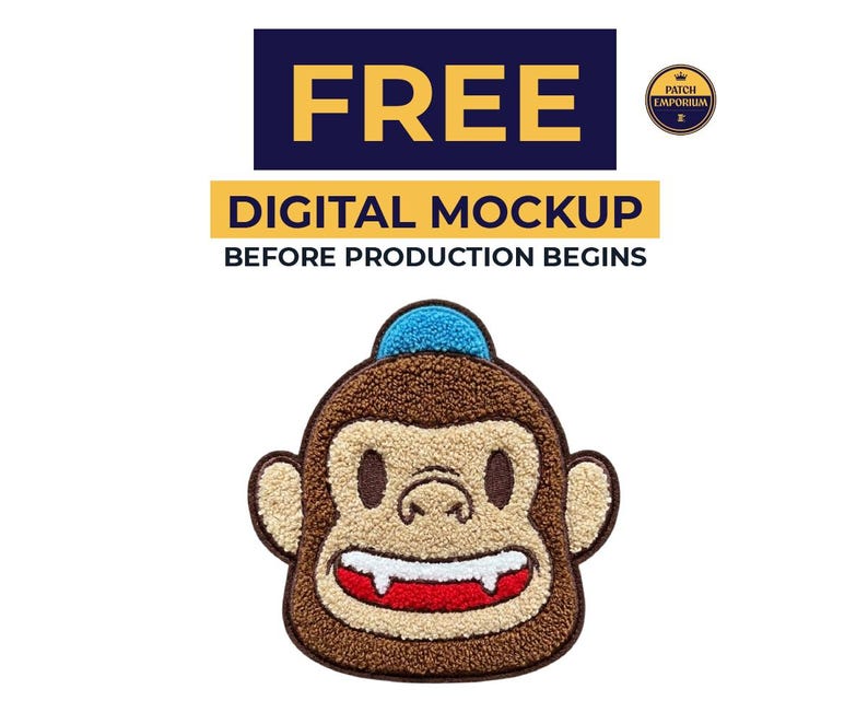 May include: A monkey face patch with a blue cap, brown fur, and a red mouth. The patch has the text "FREE DIGITAL MOCKUP BEFORE PRODUCTION BEGINS" above it. A small circular logo is in the upper right corner.