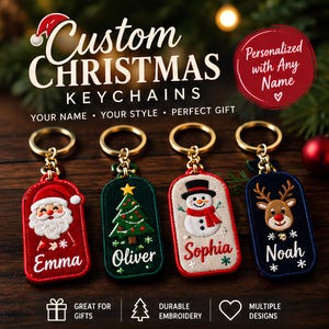 Custom Embroidered Christmas Name Keychain, Personalized Holiday Keyring, Christmas Name Gift, Custom Keychain, Festive Embroidery