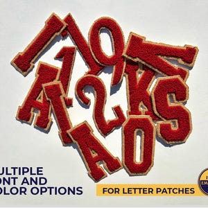 May include: A selection of red felt letter patches with tan edging. The image shows the letters A, K, S, O, and the number 2. Text at the bottom reads "MULTIPLE FONT AND COLOR OPTIONS FOR LETTER PATCHES".