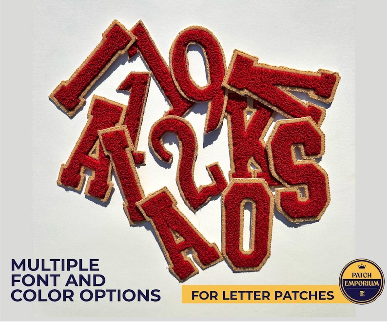 May include: A selection of red felt letter patches with tan edging. The image shows the letters A, K, S, O, and the number 2. Text at the bottom reads "MULTIPLE FONT AND COLOR OPTIONS FOR LETTER PATCHES".