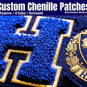 May include: Custom chenille patches featuring a large blue letter H with gold embroidery on a dark blue fabric base. A crest with gold laurel leaves and a book icon is visible. Text reads: Custom Chenille Patches, Teams, Clubs, Schools, Bulk Orders Welcome.