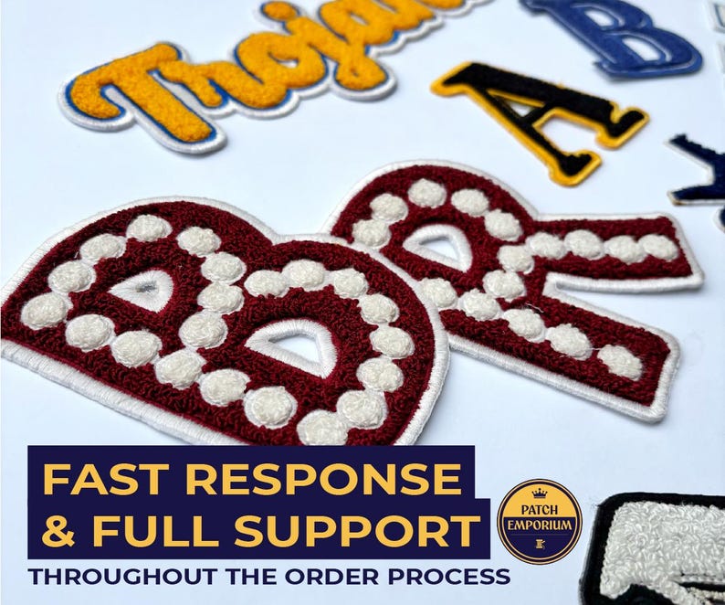 May include: A selection of embroidered patches in diverse colours and designs, including the letters "R", "B", and "A". The patches feature red, white, yellow, blue, and black. The image also includes text that reads "FAST RESPONSE & FULL SUPPORT".