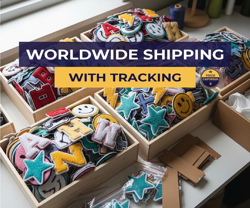 May include: Wooden boxes overflowing with colourful embroidered patches in various shapes, including letters, stars, and smiley faces. The patches are in a variety of colours, including red, blue, yellow, and green. The image also includes the text "WORLDWIDE SHIPPING WITH TRACKING".