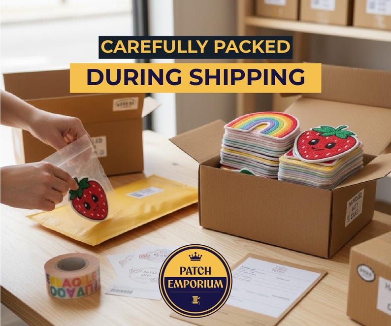 May include: A person packing colourful embroidered patches, including a smiling strawberry and a rainbow, into a box. The text "CAREFULLY PACKED DURING SHIPPING" is displayed above the box. The Patch Emporium logo is visible.