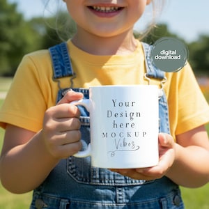 以下が含まれることがあります： 前面に「Your Design here MOCKUP Vibes」の文字がプリントされた白いセラミックマグを人が持っています。その人は黄色のシャツと青色のデニムオーバーオールを着ています。デジタルダウンロードグラフィックが右上隅にあります。